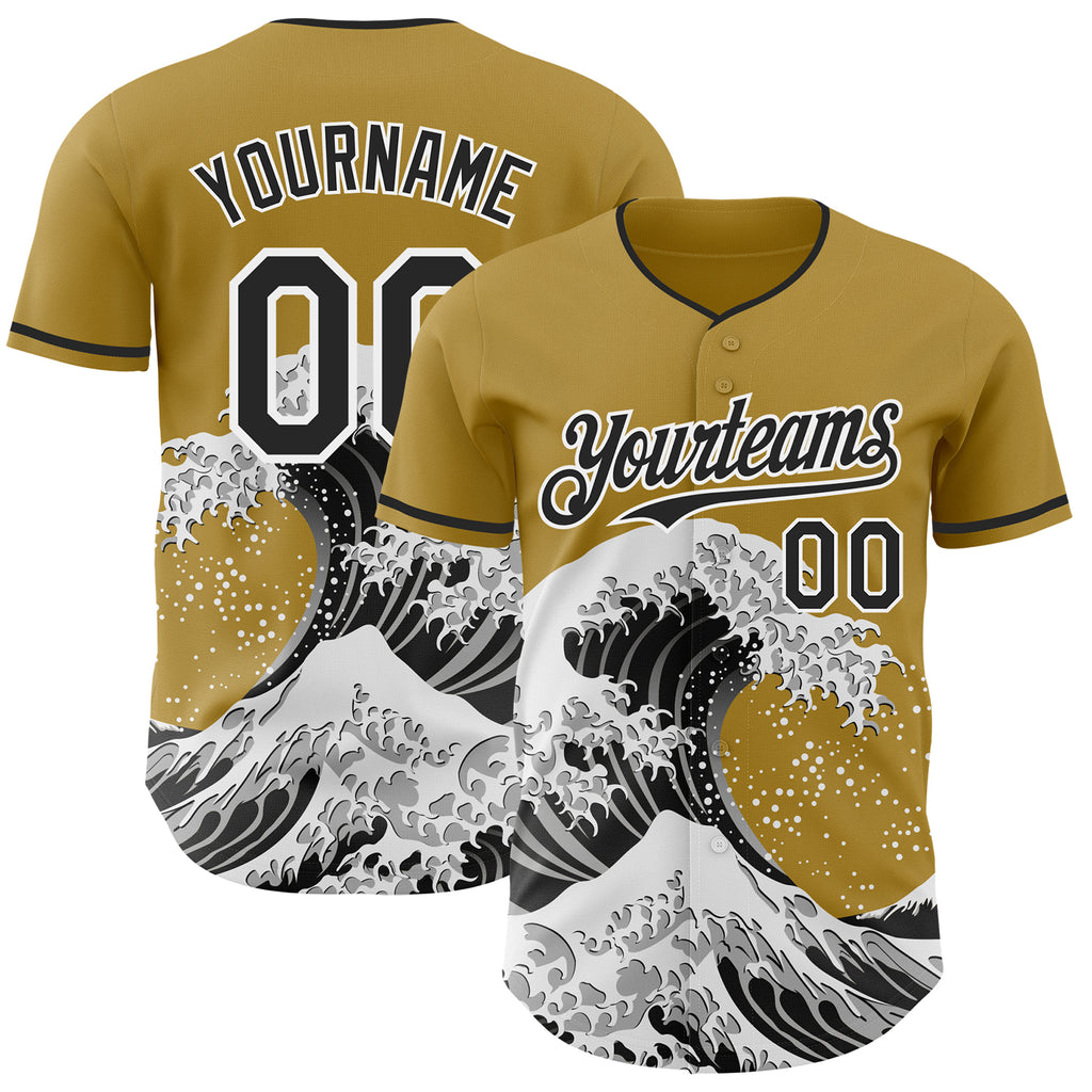 Custom Old Gold Black-White Japanese Wave Authentic Baseball Jersey