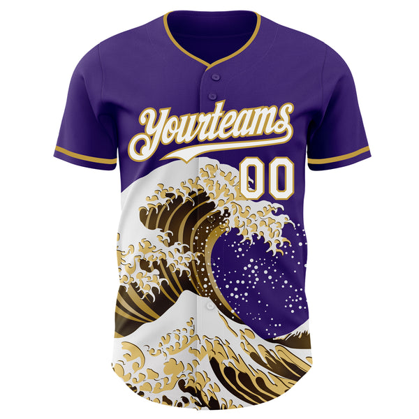 Custom Purple White-Old Gold Japanese Wave Authentic Baseball Jersey