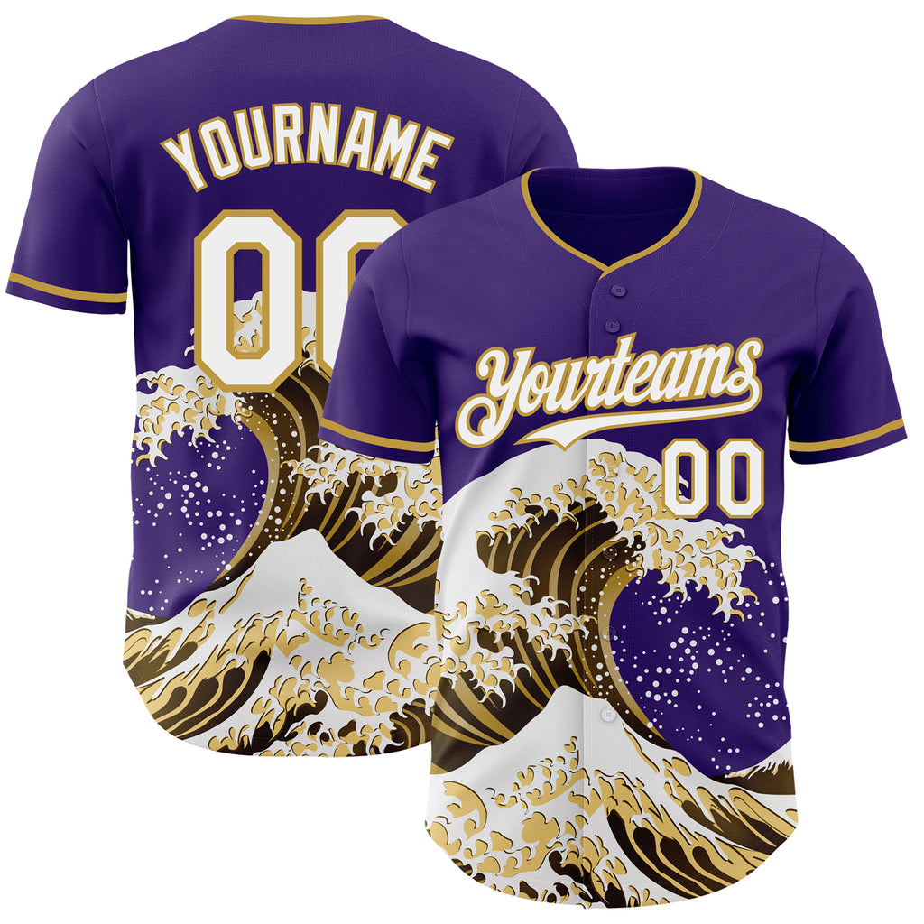 Custom Purple White-Old Gold Japanese Wave Authentic Baseball Jersey