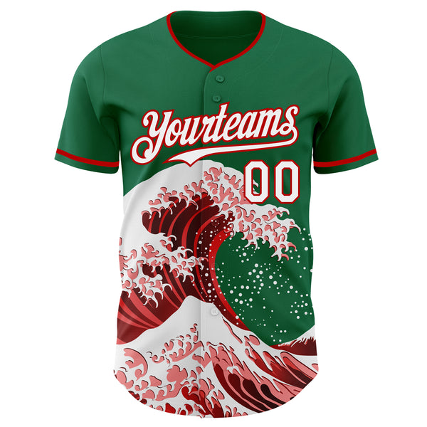 Custom Kelly Green White-Red Japanese Wave Authentic Baseball Jersey