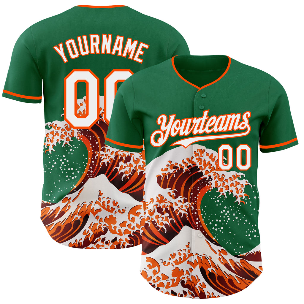 Custom Kelly Green White-Orange Japanese Wave Authentic Baseball Jersey
