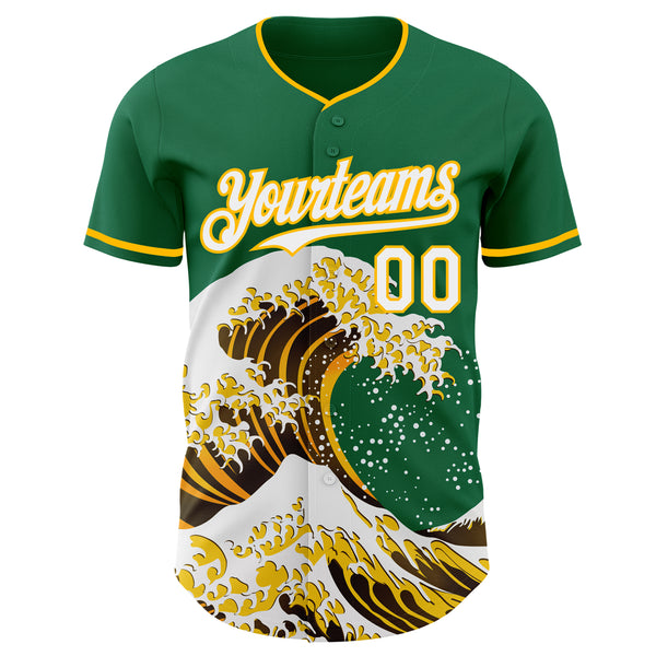 Custom Kelly Green White-Gold Japanese Wave Authentic Baseball Jersey