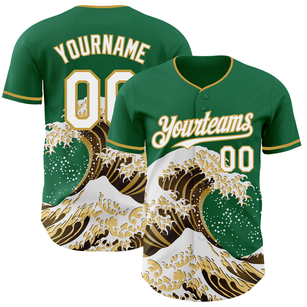 Custom Kelly Green White-Old Gold Japanese Wave Authentic Baseball Jersey