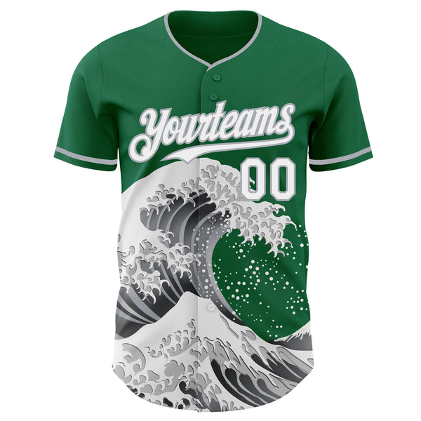 Custom Kelly Green White-Gray Japanese Wave Authentic Baseball Jersey