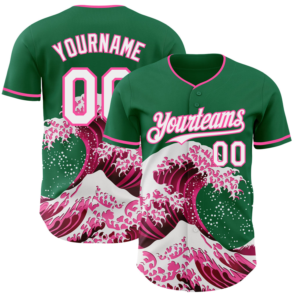 Custom Kelly Green White-Pink Japanese Wave Authentic Baseball Jersey
