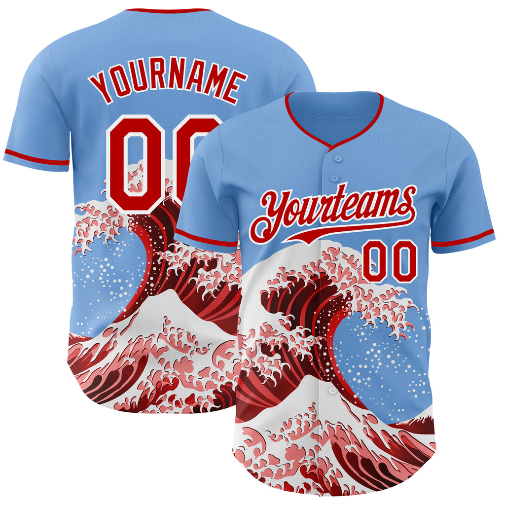 Custom Light Blue Red-White Japanese Wave Authentic Baseball Jersey