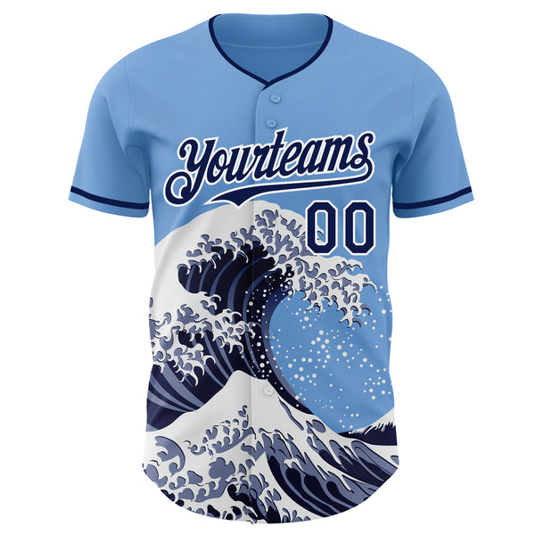 Custom Light Blue Navy-White Japanese Wave Authentic Baseball Jersey
