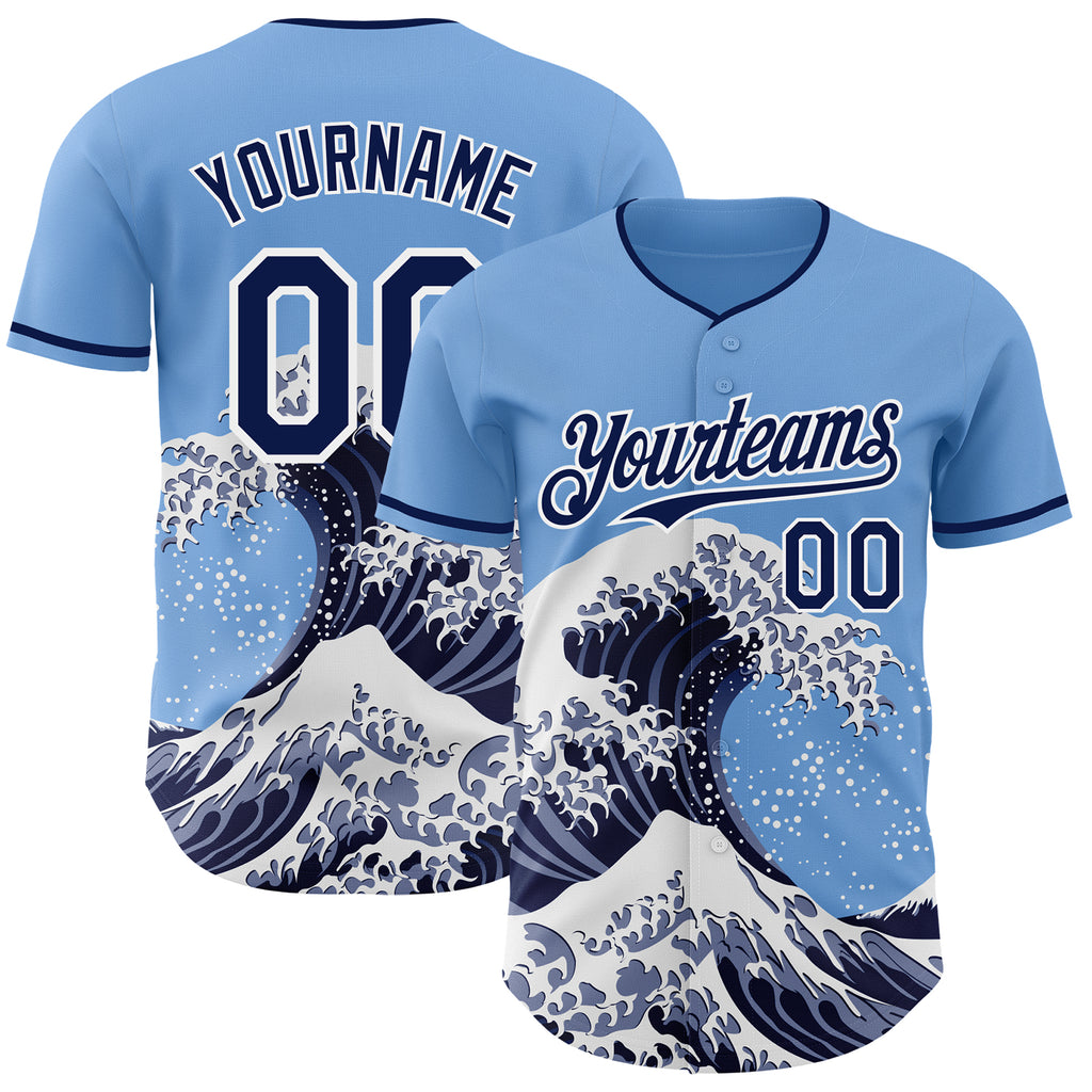 Custom Light Blue Navy-White Japanese Wave Authentic Baseball Jersey