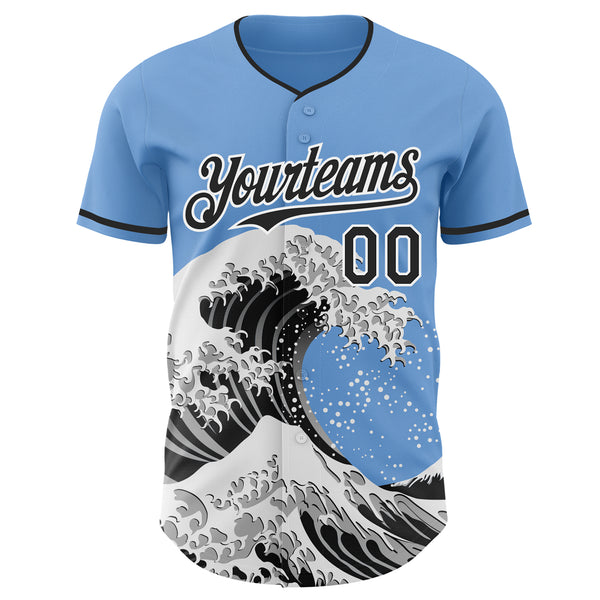 Custom Light Blue Black-White Japanese Wave Authentic Baseball Jersey