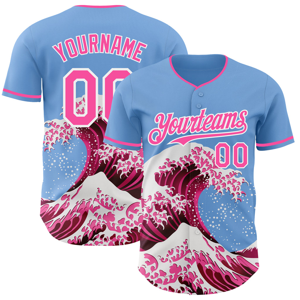 Custom Light Blue Pink-White Japanese Wave Authentic Baseball Jersey