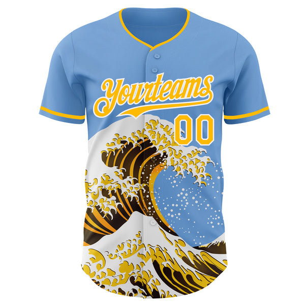 Custom Light Blue Gold-White Japanese Wave Authentic Baseball Jersey