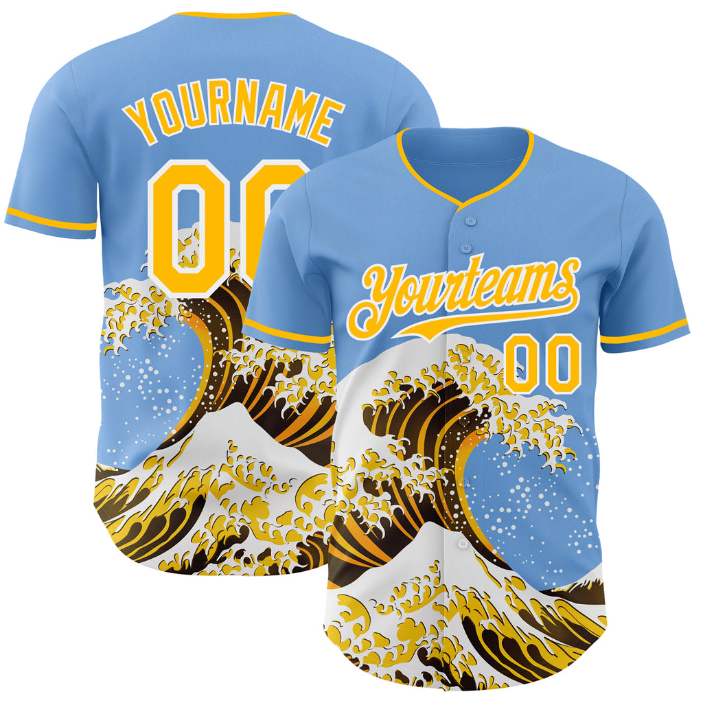 Custom Light Blue Gold-White Japanese Wave Authentic Baseball Jersey