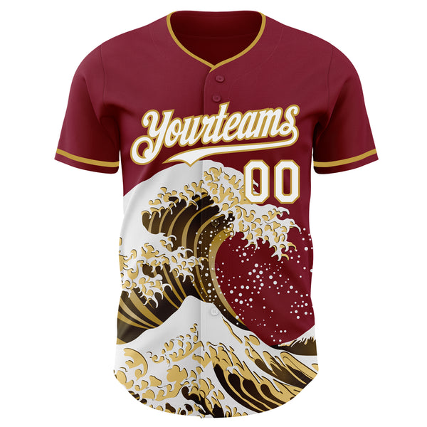 Custom Crimson White-Old Gold Japanese Wave Authentic Baseball Jersey