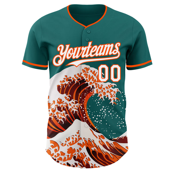 Custom Teal White-Orange Japanese Wave Authentic Baseball Jersey