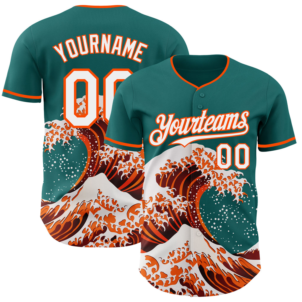 Custom Teal White-Orange Japanese Wave Authentic Baseball Jersey