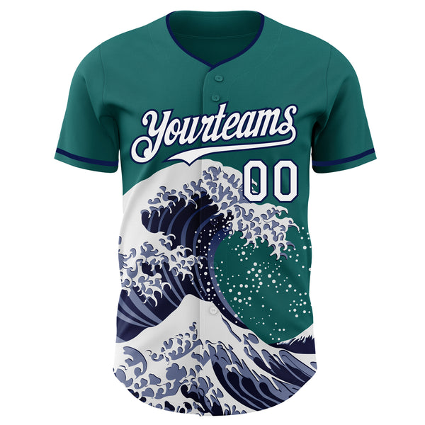 Custom Teal White-Navy Japanese Wave Authentic Baseball Jersey