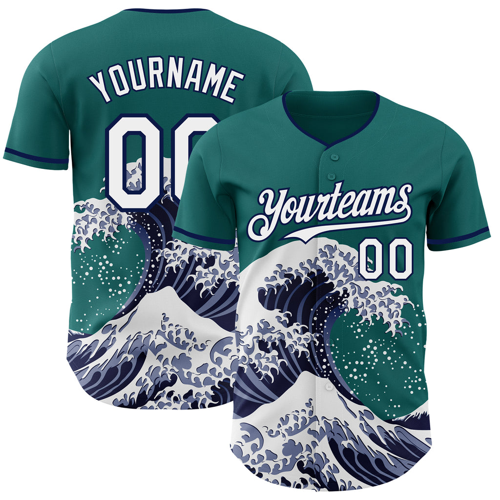Custom Teal White-Navy Japanese Wave Authentic Baseball Jersey