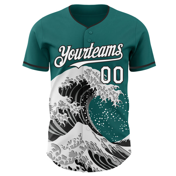 Custom Teal White-Black Japanese Wave Authentic Baseball Jersey