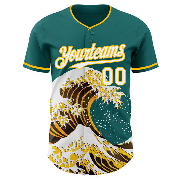 Custom Teal White-Gold Japanese Wave Authentic Baseball Jersey