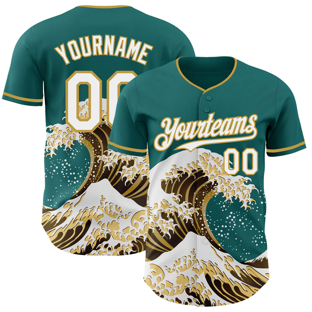 Custom Teal White-Old Gold Japanese Wave Authentic Baseball Jersey