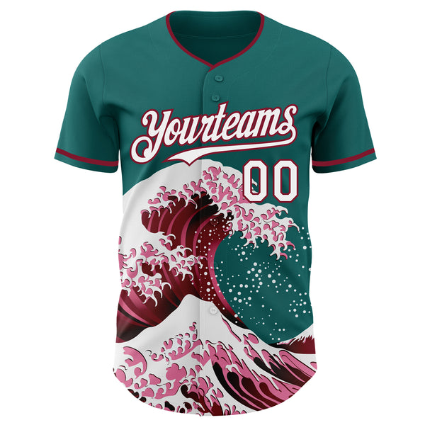 Custom Teal White-Crimson Japanese Wave Authentic Baseball Jersey