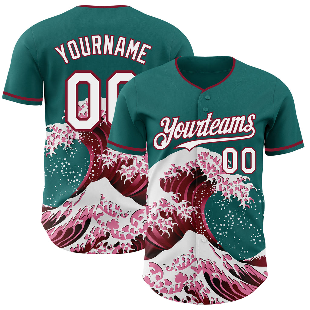 Custom Teal White-Crimson Japanese Wave Authentic Baseball Jersey