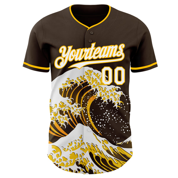 Custom Brown White-Gold Japanese Wave Authentic Baseball Jersey