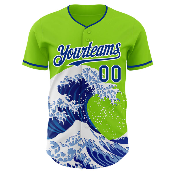 Custom Neon Green Royal-White Japanese Wave Authentic Baseball Jersey