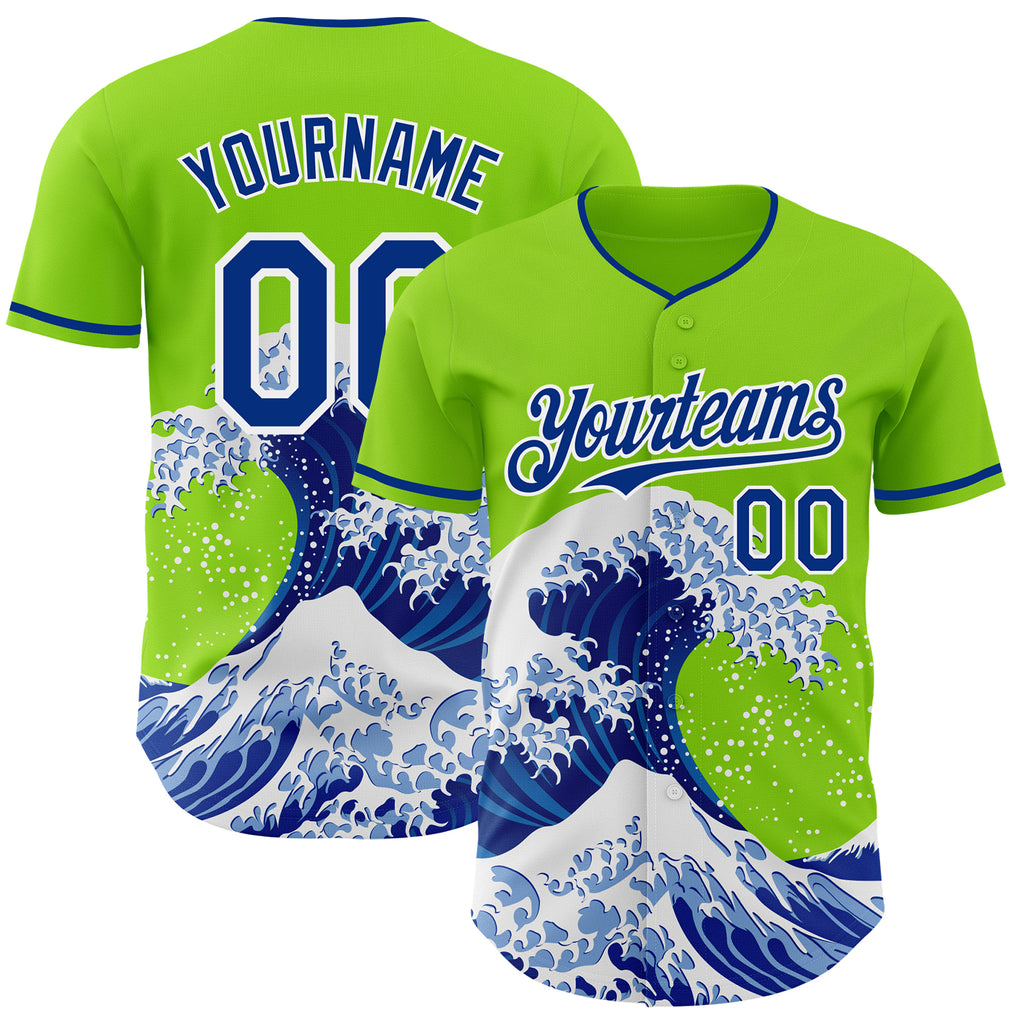 Custom Neon Green Royal-White Japanese Wave Authentic Baseball Jersey
