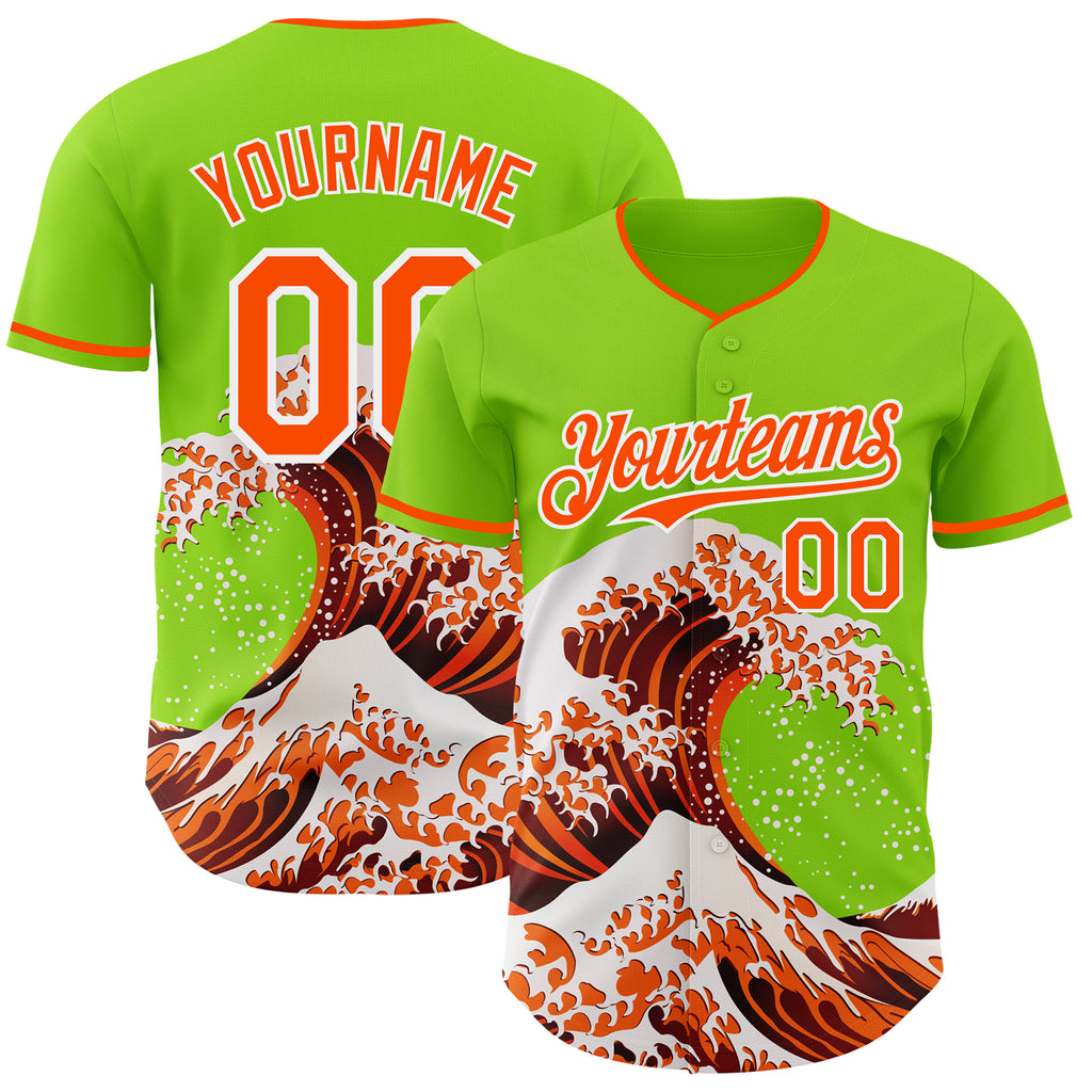 Custom Neon Green Orange-White Japanese Wave Authentic Baseball Jersey