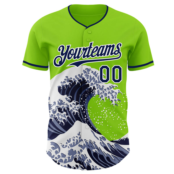 Custom Neon Green Navy-White Japanese Wave Authentic Baseball Jersey