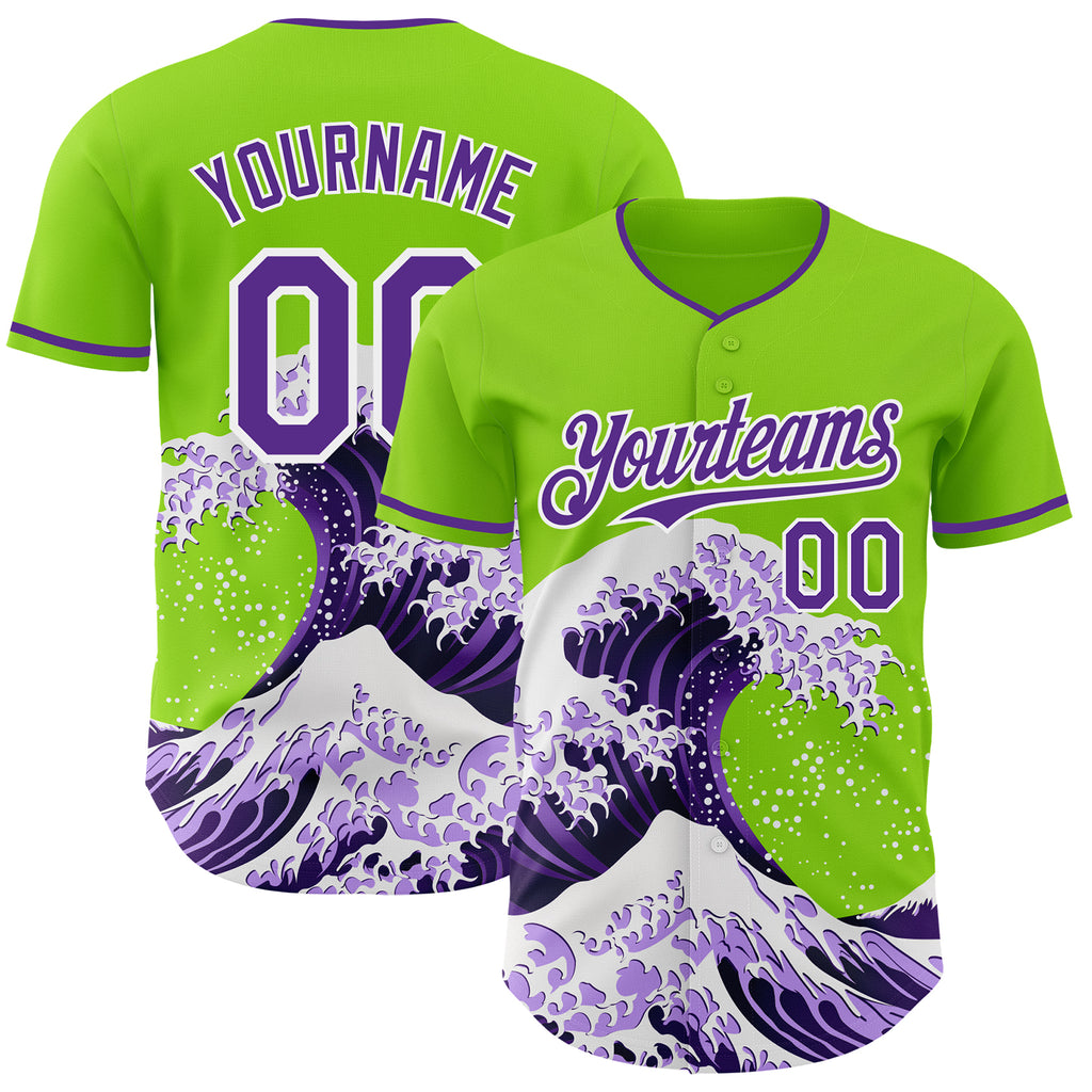 Custom Neon Green Purple-White Japanese Wave Authentic Baseball Jersey