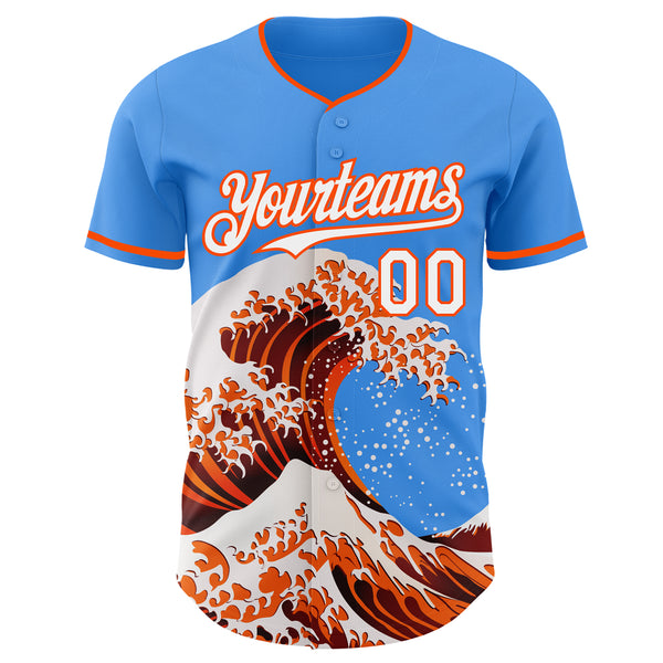 Custom Electric Blue White-Orange Japanese Wave Authentic Baseball Jersey