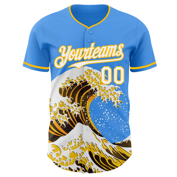 Custom Electric Blue White-Gold Japanese Wave Authentic Baseball Jersey