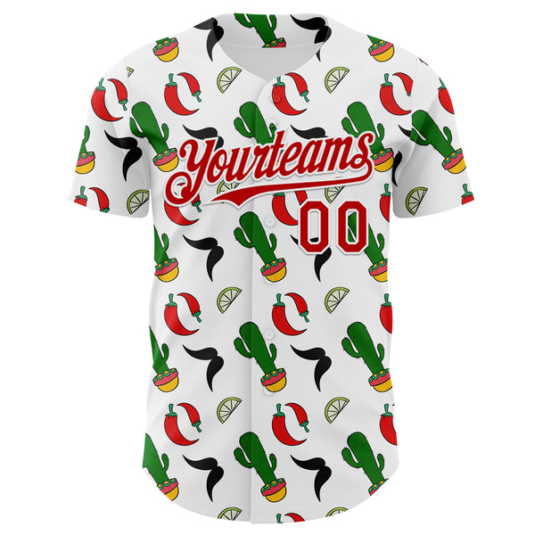 Custom White-Red Mexican Cinco de Mayo Fiesta Chili Cactus Authentic Baseball Jersey