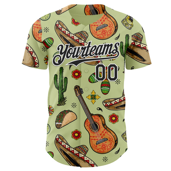 Custom Green Black-White Cinco de Mayo Fiesta Mexican Folk Art Guitar Cactus Taco Authentic Baseball Jersey
