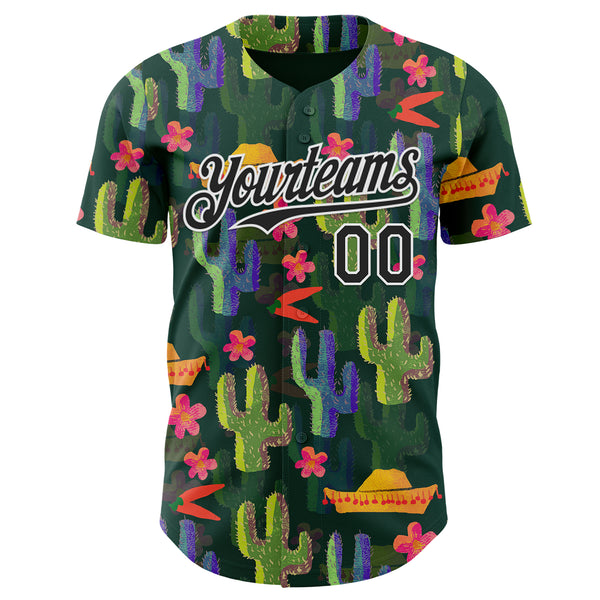Custom Green Black-White Cinco de Mayo Sombrero Mexican Cactus Authentic Baseball Jersey