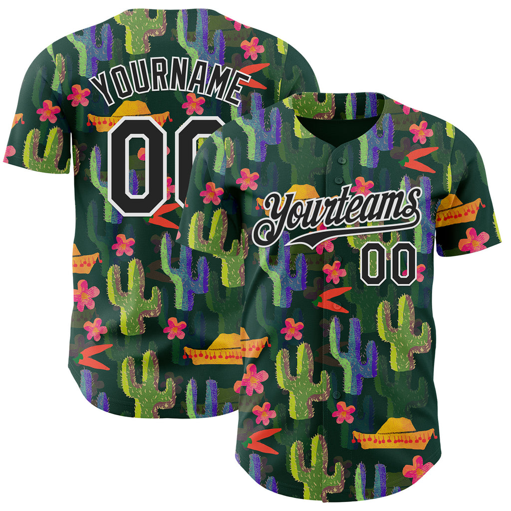 Custom Green Black-White Cinco de Mayo Sombrero Mexican Cactus Authentic Baseball Jersey