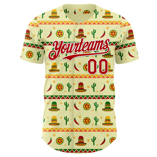 Custom Yellow Red-White Cinco de Mayo Cactus Mexican Folk Art Authentic Baseball Jersey