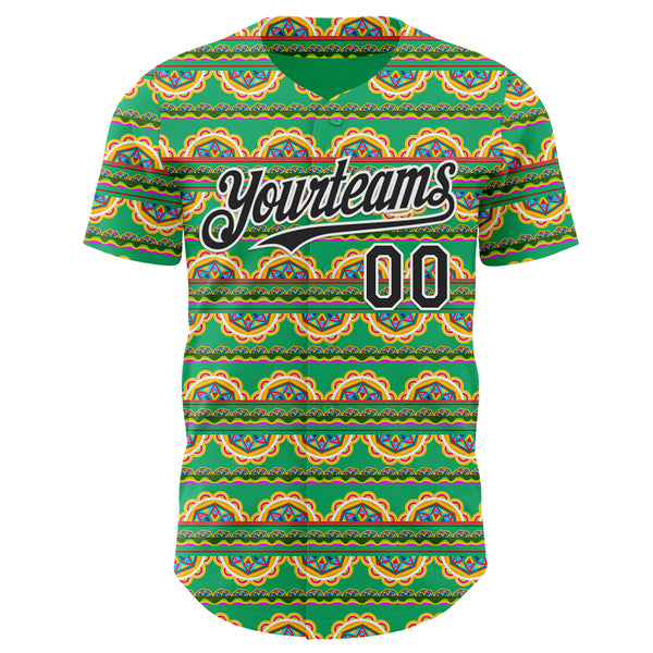 Custom Green Black-White Cinco de Mayo Tribal Floral Mexican Folk Art Authentic Baseball Jersey