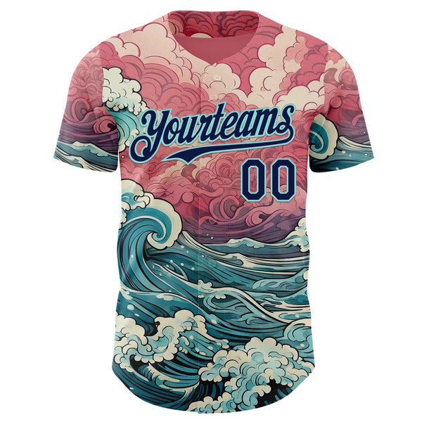 Custom Pink Navy-Ice Blue Japanese Wave Authentic Baseball Jersey