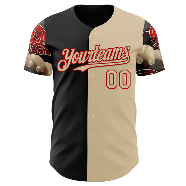 Custom City Cream Black-Red Japanese Wave Split Authentic Baseball Jersey