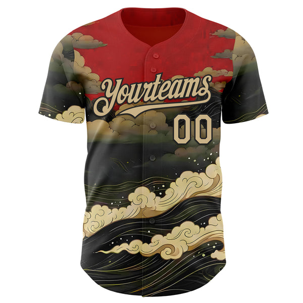 Custom Red Vegas Gold-Black Japanese Wave Authentic Baseball Jersey