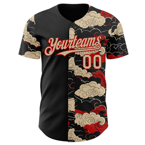 Custom Black City Cream-Red Japanese Wave Authentic Baseball Jersey