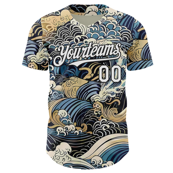 Custom Blue White-Black Japanese Wave Authentic Baseball Jersey