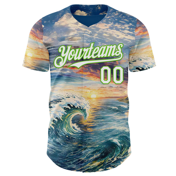 Custom Blue White-Aurora Green Japanese Wave Authentic Baseball Jersey