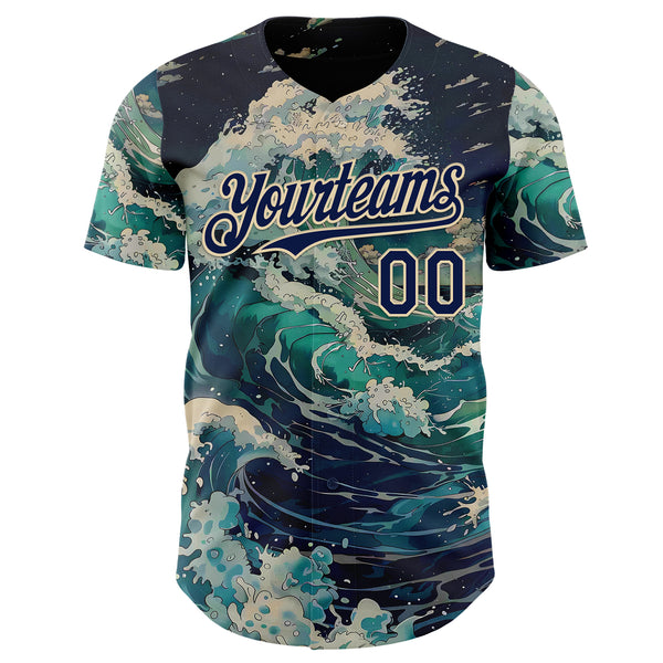 Custom Blue Navy-Cream Japanese Wave Authentic Baseball Jersey