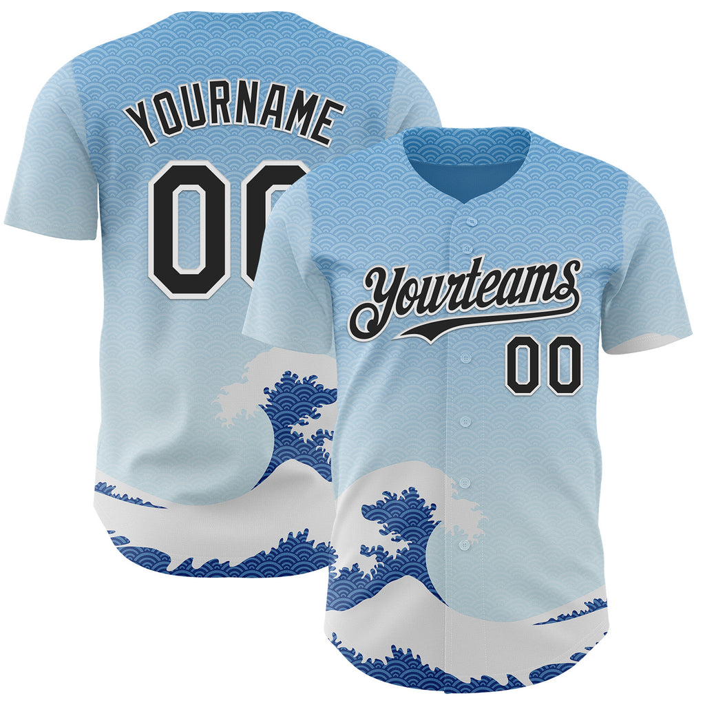 Custom Blue Black-White Japanese Wave Authentic Baseball Jersey