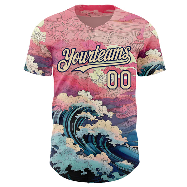 Custom Pink Cream-Navy Japanese Pastel Wave Authentic Baseball Jersey