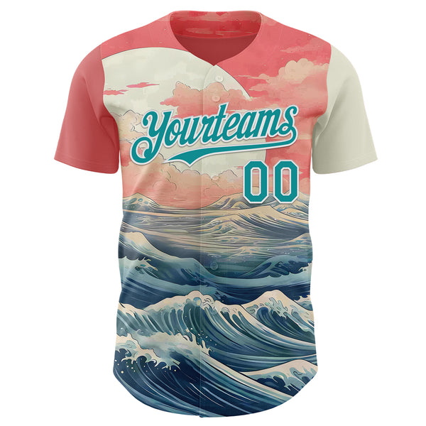 Custom Pink Teal-White Japanese Pastel Wave Authentic Baseball Jersey